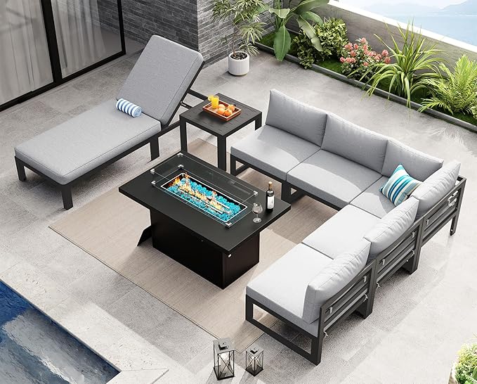 NICESOUL 8 Piece Large Contemporary Aluminum Outdoor Furniture Set with Chaise Lounge & Fire Pit Table, 29" Deep Couch Set, 500 lbs High Weight Capacity Patio Sectional Sofa for Poolside, Light Gray