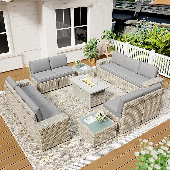 13 Piece Patio Furniture Set, 8" Wide Arm Sectional Sofa Set with 50000 BTU Propane Fire Pit Table & Coffee Table, Rattan Outdoor Conversation Set for Garden, Porch, Lawn, Gray