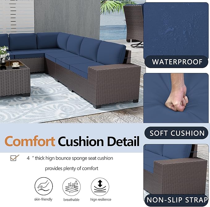 Patio Furniture Set Sofa 7-pcs Wicker Sectional Sofa Set,Outdoor Furniture Rattan Patio Conversation Sets with Seat Cushions and Tempered Glass Coffee Table