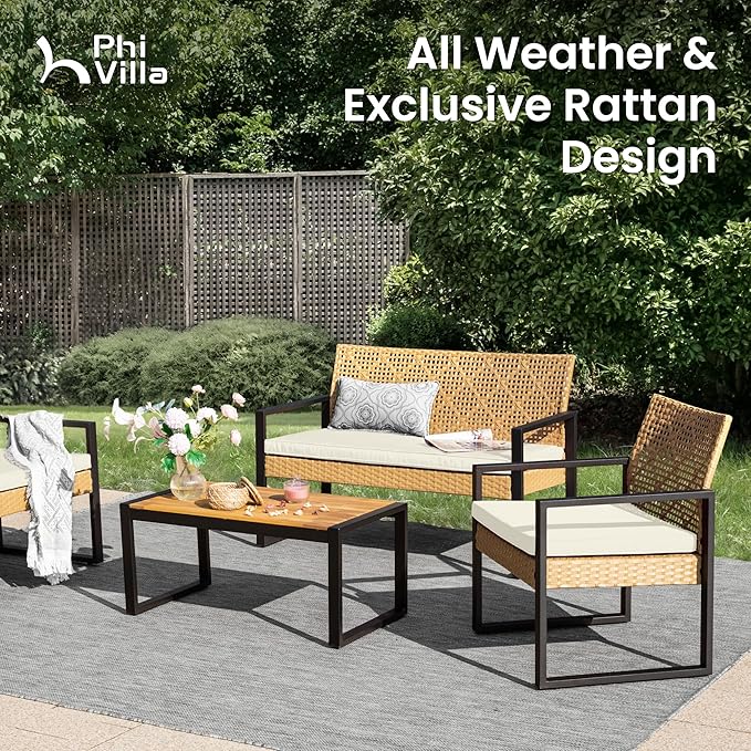 PHI VILLA Patio Wicker Furniture Set for 4, Yellow Rattan Loveseat & Chairs with Beige Cushions & Acacia Wood Coffee Table, Outdoor Modern Conversation Sofa Set for Deck, Yard, Porch