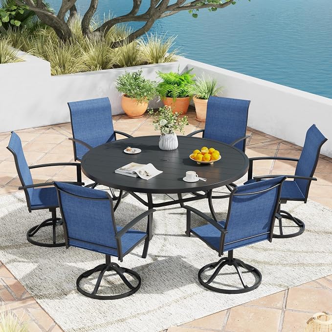 7 Pieces Outdoor Patio Dining Table Set, 53" All Weather Round Metal Table with Umbrella Hole and 6 High Back Textilene Swivel Chairs for Garden, Lawn, Poolside, Black Table & Blue Chairs