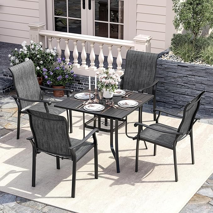UDPATIO 5 Piece Patio Outdoor Table and Chairs for 4, 37" Black Square Table with Umbrella Hole, Metal Gray Patio Chairs Set of 4, Patio Table with Chairs, Outdoor Patio Dining Set for Lawn, Backyard