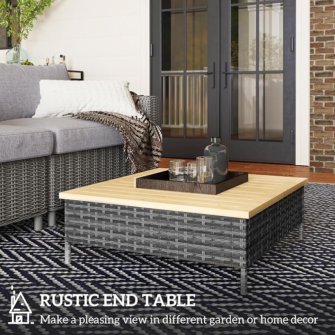 Outsunny Outdoor Side Table with PE Rattan, Patio End Table with Natural Fir Wood Top, Weather Resistant Accent Table for Patio Pool Porch, Gray