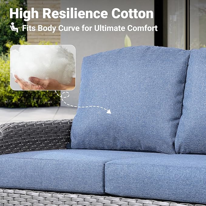 ovios 2-Piece Patio Furniture Set, Outdoor Wicker Sofa with Coffee Table, High Back Rattan Couch Loveseat with Comfy Cushions for Porch Yard Deck, Denim Blue