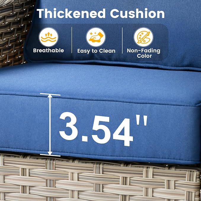 9 Pieces Patio Sectional Furniture Set, Outdoor Wicker Sectional Couch with Firepit Swivel Rocker Chairs Solar Lights Table, Modern Conversation Set for Porch Balcony Backyard, Navy Blue