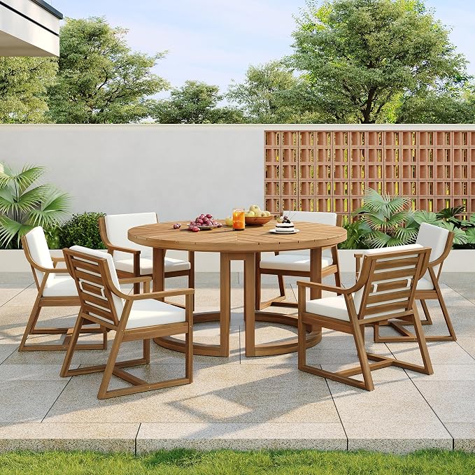RUNNA Patio Dining Table Set for 6,Round Dining Table with 1.96" Umbrella Hole, Outdoor Wooden Patio Furniture Set with Removable Cushions for Garden,Backyard and Pools (Light Teak#27)