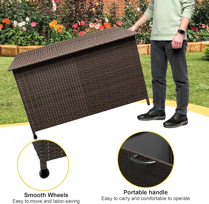 185 Gallon Outdoor Deck Box with Wheels, Waterproof PE Wicker Rattan & Aluminum Frame Storage Bin for Patio Cushions, Garden Tools, Pool Toys, Lockable Patio Furniture(Brown)