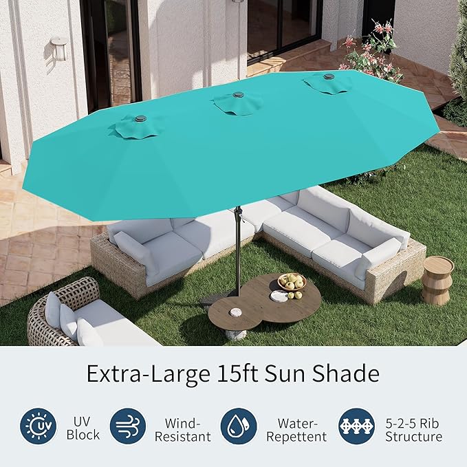 PatioKingdom 15FT Large Patio Umbrella with Base, Double Sided Rectangular Outdoor Umbrella with Sturdy Fiberglass Ribs, Market Umbrella for Pool,Garden,Backyard,Deck (Peacock Blue, 15FT)