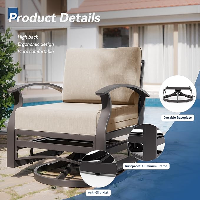 Kurapika 5 Piece Modern Metal Outdoor Conversation Sets, Patio Furniture Set, 4 Aluminum Swivel Chairs w/48in Round Propane Fire Pit Table and Thickened Cushions, Sand