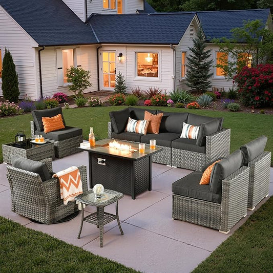 10 PCS Outdoor Patio Furniture Sets with 42'' Fire Pit Table,Wicker Weather Resistant Patio Conversation Set with Wicker Rocking Chair,Modular L Shaped Sofa with Coffee Table for Yard,Black