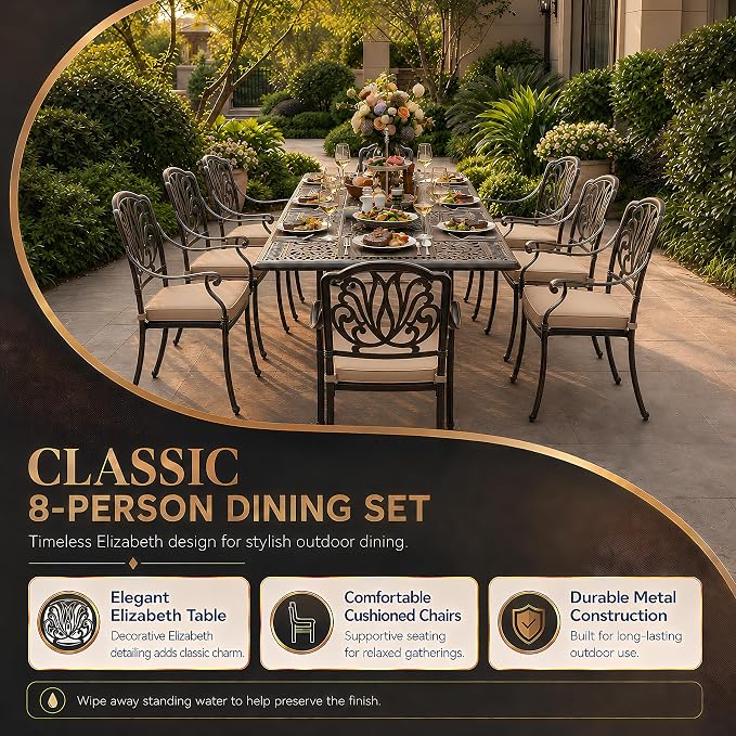 9-Piece Cast Aluminum Outdoor Dining Set Retro Patio Dining Set for 8 Includes 86.6’’ Rectangular Table and 8 Chairs with Removable Cushion and Umbrella Hole for Patio Deck Garden Porch