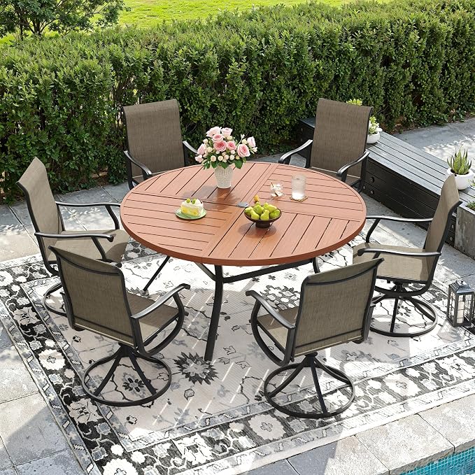 DIFY Patio Table and Chairs Set for 6, 7 Piece Outdoor Dining Set, 50" Walnut Round Metal Dining Table with Umbrella Hole and 6 Brown Textilene Swivel Patio Chairs, for Garden Backyard Deck