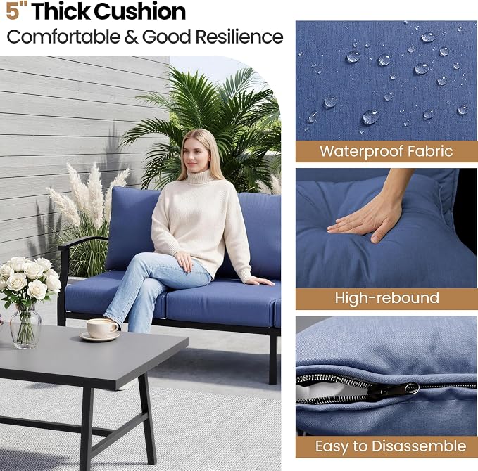 Metal Patio Furniture Set, 4 Piece Outdoor Furniture Set, All Weather Modern Outdoor Couch Sofa with Comfortable Cushions & Coffee Table, Metal Conversation Set for Balcony, Porch, Deck (Navy)