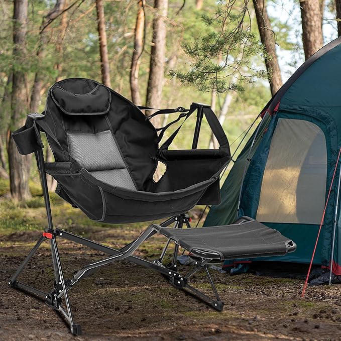 Ainfox Hammock Camping Chair with Footrest, Foldable Hammock with Stand for Adults Swinging Camp with Cup Holder for Outdoor Patio Lawn Black