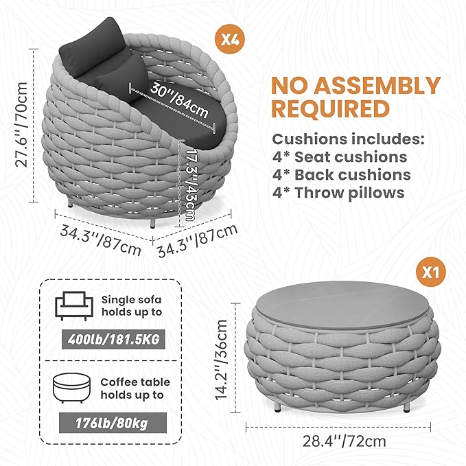 Woven Rope Deck Furniture Set: 5 Pieces Aluminum Patio Conversation Set All Weather - Cushioned Outdoor Sofa Set Assembled - Metal Modern Couch Set for 400 lbs Porch Deck Garden Poolside Hotel