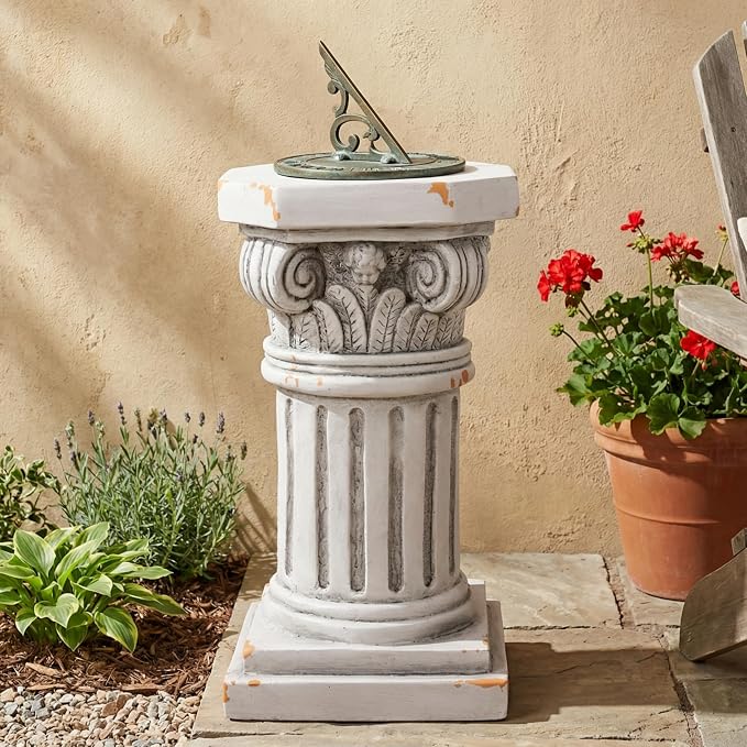 Merax 18.50" H Ionic Pedestal Plant Stand, MGO Decorative Pedestal Side Table for Indoor Outdoor Entryway Garden Home, Antique White, No Assembly Needed