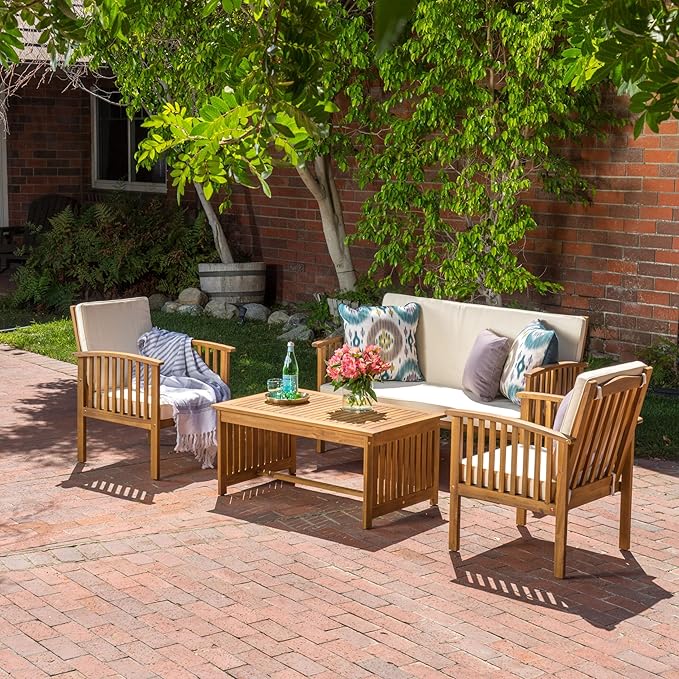 Merax Patio Furniture Set, 4 Pieces Outdoor Acacia Wood Conversation Sets with Coffee Table & Cushions, Garden Conversation Bistro Sets for Patio, Lawn, Yard, Pool or Backyard, Brown