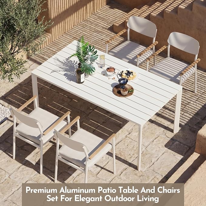 Modern Shade Luxury Outdoor Dining Set for 5, Outdoor Table and Chairs Set with Fade Resistant Cushions & FSC Teak, Premium Aluminum Patio Table and Chairs Set for Elegant Outdoor Living, White