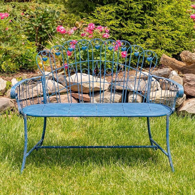 Zaer Ltd. Vintage Style Metal Patio Furniture with Heart Design Accents, Outdoor/Indoor Decor (Vintage Blue, Garden Bench)