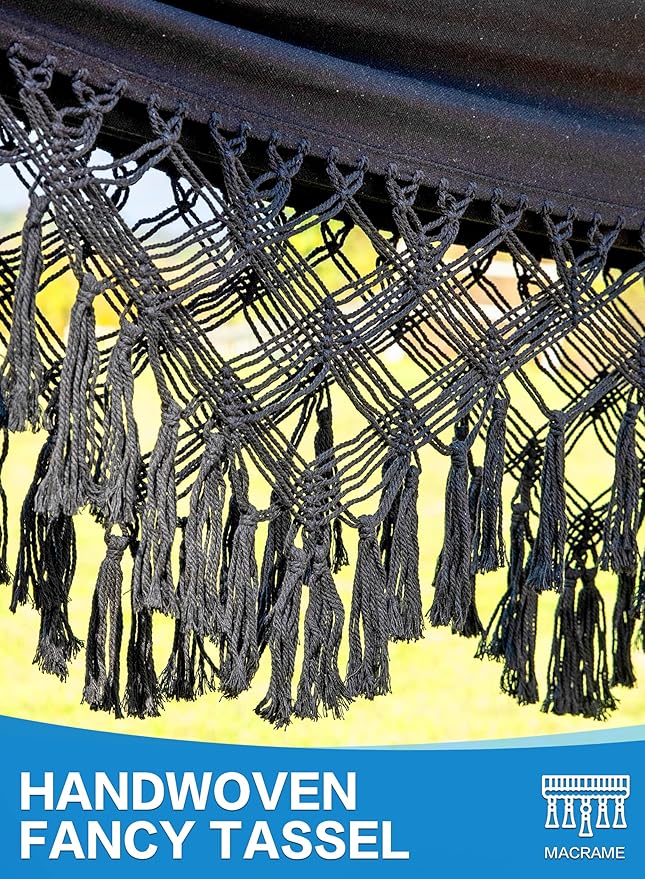 PNAEUT Handmade Tassel Hammocks, Double Hammock with Stand for Outside Indoor Outdoor, Max 450 lbs Capacity, Pillow & Storage Bag Included (Black)