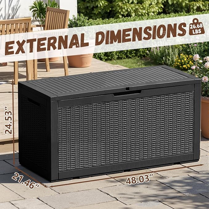 Vixzen 120 Gallon Waterproof Large Deck Box, Lockable Resin Outdoor Storage Box with Hydraulic Lid, Durable Storage Bin for Patio Furniture Cushions, Garden Tools, Pool Accessories, Black