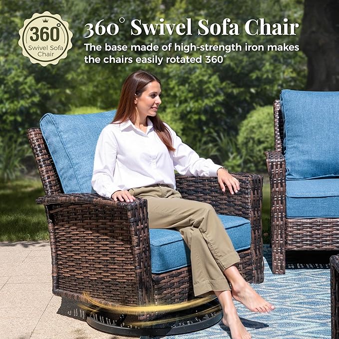 Outdoor Patio Furniture Set, 5 Pics Wicker Rattan Sectional Sofa Patio Conversation Set with Fire Pit Table & Ottoman & Swivel Chair, High Back 3 Seater Sofa with 5.5'' Thick Cusions, Navy Blue