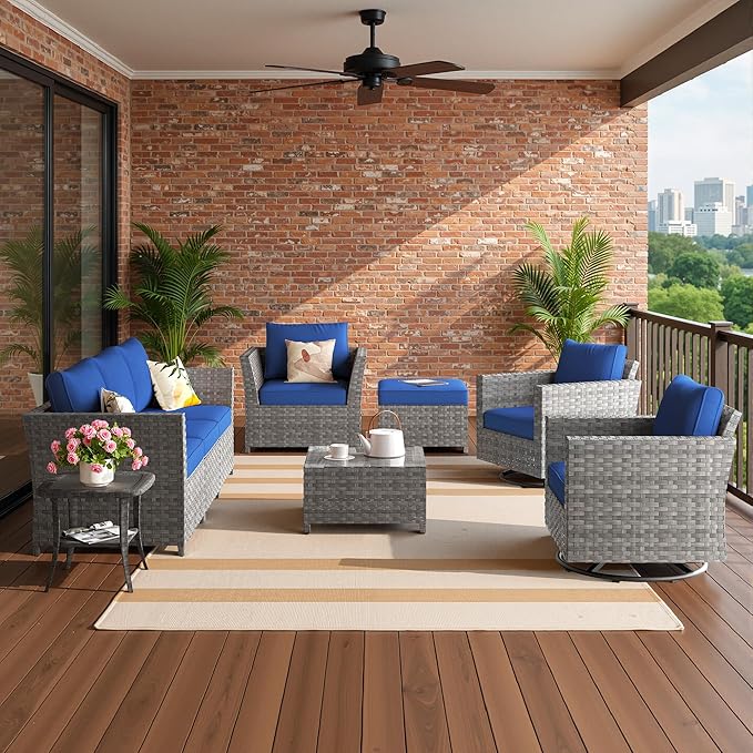 Fully Assembled & Spacious 9-Pc Outdoor Sofa Set, Patio Rattan Conversation Group with Rocking Chair and Tea Table