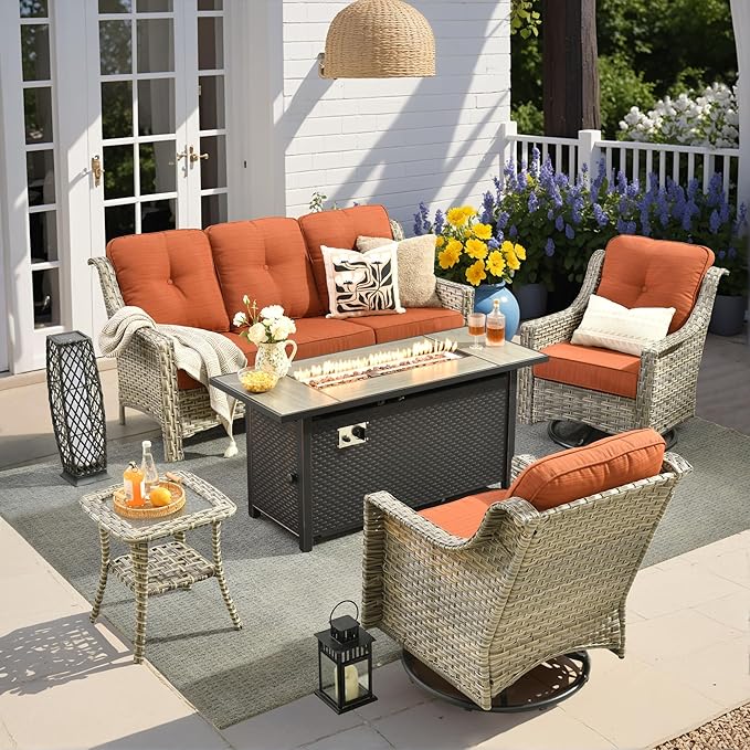 HOOOWOOO Patio Furniture Set,5 Pieces Wicker Outdoor Furniture,High Back Conversation Set with All Weather Resistant Fire Pit Table Couch Swivel Chairs,Red