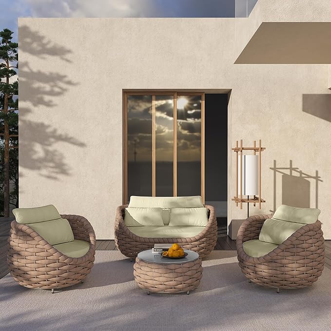 TWT 5 Pieces Patio Furniture Set, Outdoor Rope Conversation Sectional Patio Sofa with 5 Seater for Backyard, Porch, Modern Armchairs with Thickness Cushions and Side Table, Light Brown