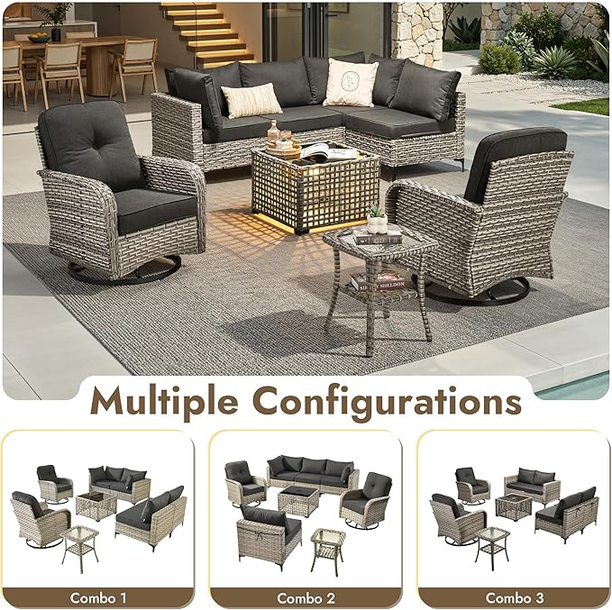 8 Pieces Outdoor Sectional Patio Furniture Set with Swivel Rocking Chairs,Conversation Sets Rattan Wicker L Shaped Couch,Modular Outdoor Sofa for Porch Balcony Backyard Black