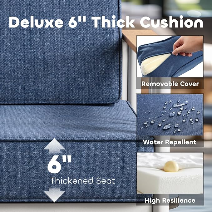 Luxury Outdoor Furniture Set with Swivel Chairs, 7 PCS Patio Furniture Set with 6" Extra Thick Cushions, Suitable for Porch, Balcony, Deck, Patio, Yard, Poolside, White/Blue