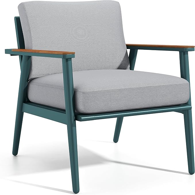 Furniture of America Beth Mid-Century Modern 3-Piece Aluminum Patio Conversation Set, Rectangle Table and 2 Padded Outdoor Chairs for Garden, Backyard, Deck, Gray, Green and Oak Brown