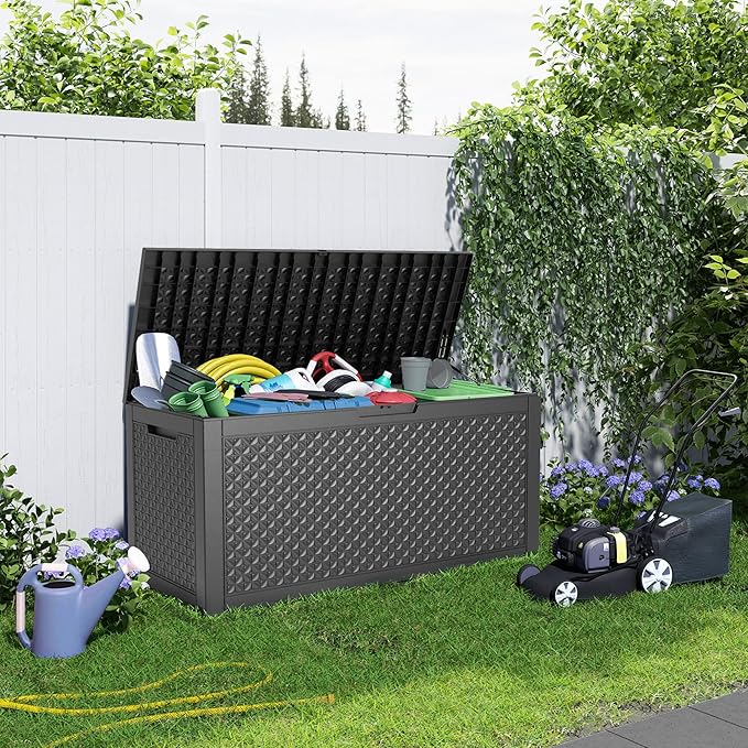 110 Gallon Outdoor Storage Box Waterproof, Resin Lockable Deck Box with Lid, Large Capacity Weatherproof Container for Patio Furniture, Side Table and Cushions(Black, 110 Gallon)