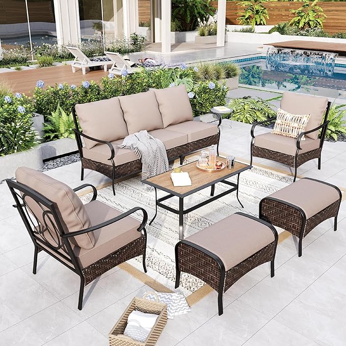 GREEN PARTY Extra Large Outdoor Patio Furniture Set 6 Pieces for 7, Modern Metal Patio Conversation Sets with High Back 3-Seat Sofa, 2 Fixed Chairs, 2 Ottoman, 1 Coffee Table