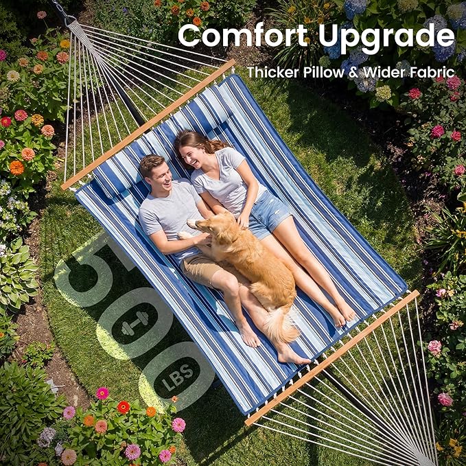Everyfun 2 Person Hammock with Stand, Heavy Duty Double Cotton Rope Hammock with Removable Quilted Pad & Pillow, 500 LBS Adjustable Steel Frame, Tool-Free, Carry Bag for Outside Patio Yard, Blue