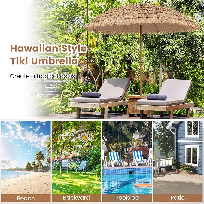 Tangkula 8Ft Tiki Patio Umbrella, UPF50+ Hawaiian Style Outdoor PE Grass Umbrella with 8 Ribs, Portable Thatched Beach Umbrella for Garden, Yard, Poolside