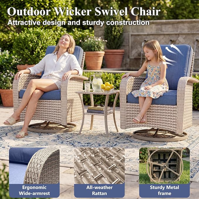 Patio Furniture Set, 17-Piece Outdoor Sectional Sofa with Swivel Rocker Chairs & 2-Layer Glass Coffee Table, Wicker Patio Conversation Set with Blue Cushions