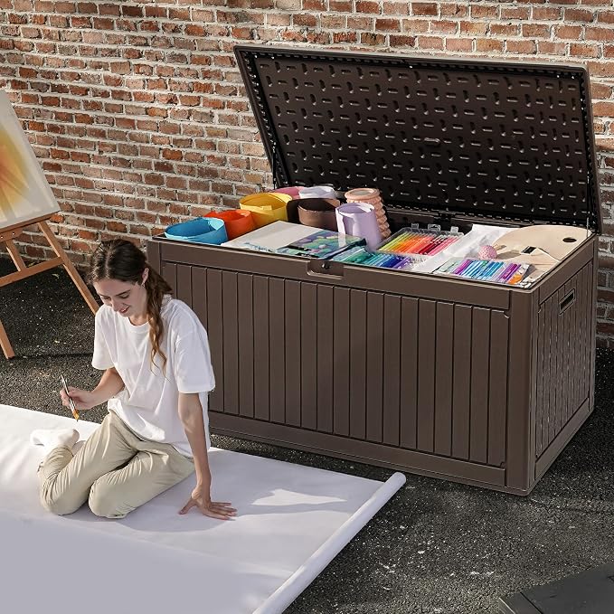 DWVO 320 Gallon Double-Wall Deck Box with Divider, XXL Extra Large Resin Outdoor Storage Box, Lockable & Waterproof, Double as Seating, 1000lbs Capacity (Brown)