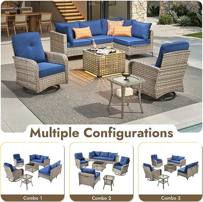 8 Pieces Outdoor Sectional Patio Furniture Set with Swivel Rocking Chairs,Conversation Sets Rattan Wicker L Shaped Couch,Modular Outdoor Sofa for Porch Balcony Backyard Navy Blue