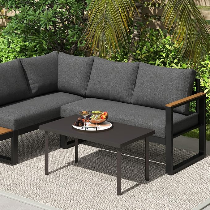 Outsunny Metal Garden Coffee Table, Rectangular Outdoor Side Table with Woodgrain Tabletop, Foot Pads for Outside, Garden, Balcony, Porch, 95 x 55 x 46cm, Brown