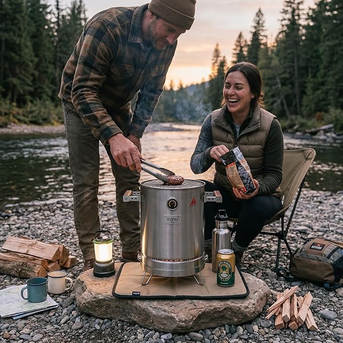 Charcoal Grills - Basic Mini 6 lbs - 3-in-1 Stainless Steel Ultra-Portable Charcoal Smoker for Outdoors, Camping and Home BBQ - Vertical Smoker Barrel Grill with Thermometer & Accessories
