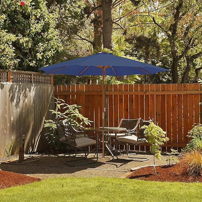 HAPPYGRILL 10 FT Wooden Patio Umbrella with Rope Pulley Lift, 8 Bamboo Ribs, 3 Adjustable Heights, Vented Roof, Outdoor Table Umbrella for Garden Poolside Backyard (Navy)