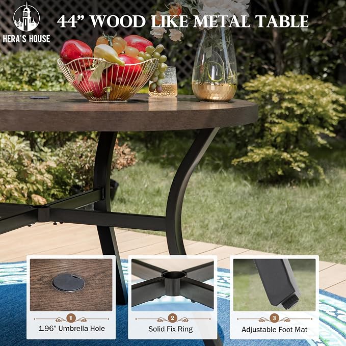 HERA'S HOUSE 5-Piece Patio Dining Set, 4 Metal Cushioned Chairs, Beige | 44" round wood-look metal table, Umbrella hole, E-coated and powder-coated steel frame, All-weather design