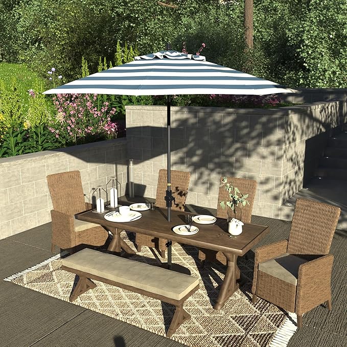California Umbrella 9' Rd. Crank Lift, Collar Tilt, Aluminum Pole, Fiberglass Rib Patio Umbrella, Hammertone Grey Finish, Sunbrella Cabana Regatta