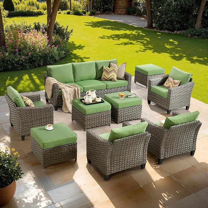 9 PCS Outdoor Patio Furniture Set, All-Weather Rattan Wicker Conversation Group with Deep Seating, High Back Comfort for Porch, Backyard, Green