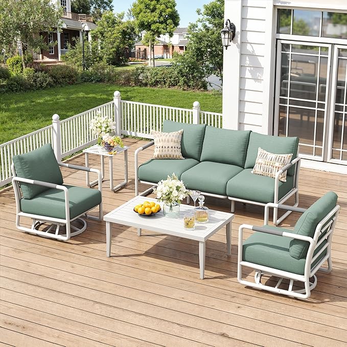 5-Piece Outdoor Aluminum Patio Furniture Set, All-Weather Patio Conversation Set with 2 Swivel Rocking Chairs, 3-Seat Sofa & Rectangular Coffee Table for Pool, Garden, Balcony – White