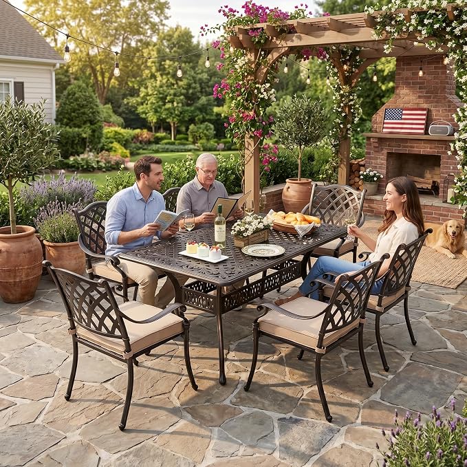 7-Pcs Cast Aluminum Patio Dining Set,59" Rectangular Table,Bronze | Outdoor Furniture Set Include Dining Table and 6 Stackable Chairs with Cushions & Umbrella Hole