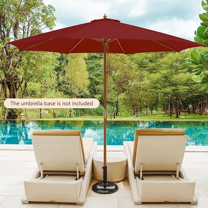 HAPPYGRILL 10 FT Wooden Patio Umbrella with Rope Pulley Lift, 8 Bamboo Ribs, 3 Adjustable Heights, Vented Roof, Outdoor Table Umbrella for Garden Poolside Backyard (Wine)
