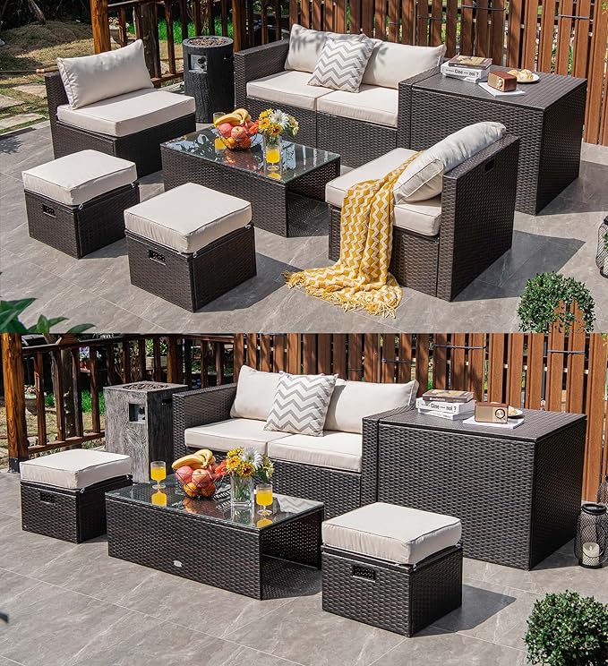 COSTWAY 8-Piece Outdoor Patio Furniture Set, Rattan Sectional Sofa, Armless Chairs, Side Table with Storage Ottoman & Glass Coffee Table, Space-Saving Conversation Set for Garden Deck (White)