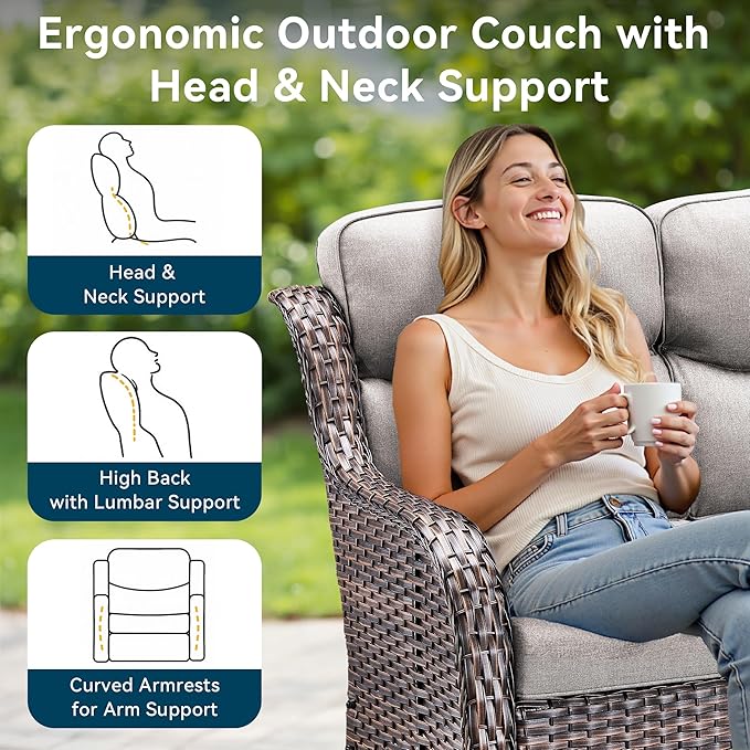 Luxury Outdoor Patio Furniture Set-Wicker High Backrest 3-Seat Patio Sofa with Comfy 6" Cushion, Rattan Couch with Deep Seat All-Weather Patio Conversation Set for Deck Backyard Garden(Brown/Beige)